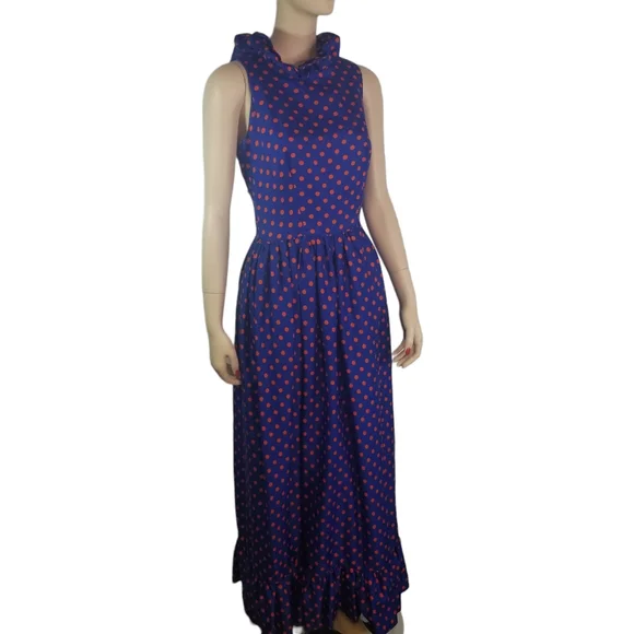 Vtg 70s Julie Miller polka dot cut out back ruffle maxi dress - Picture 4 of 10
